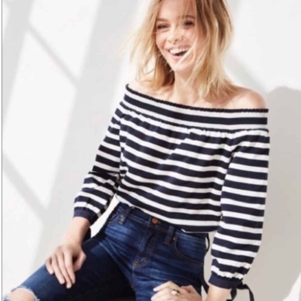 J. Crew Stripped off the shoulder tie cuff blouse